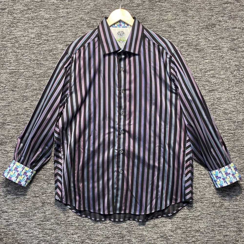 Robert Graham Mens 2XL Classic Fit Shirt Striped Flip Cuff Paisley Black Purple